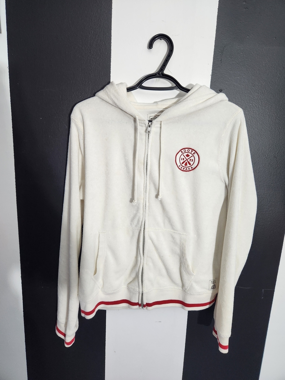 Roots Cream Zip-Up Hoodie with Red Trim